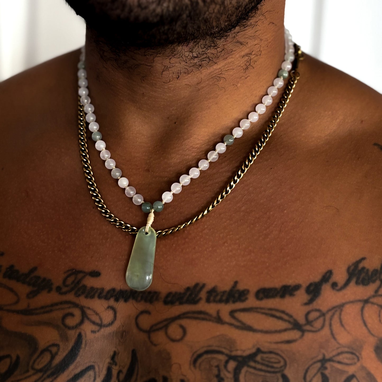 Raindrop Serpentine Pounamu Pendant on Jade Beaded Necklace