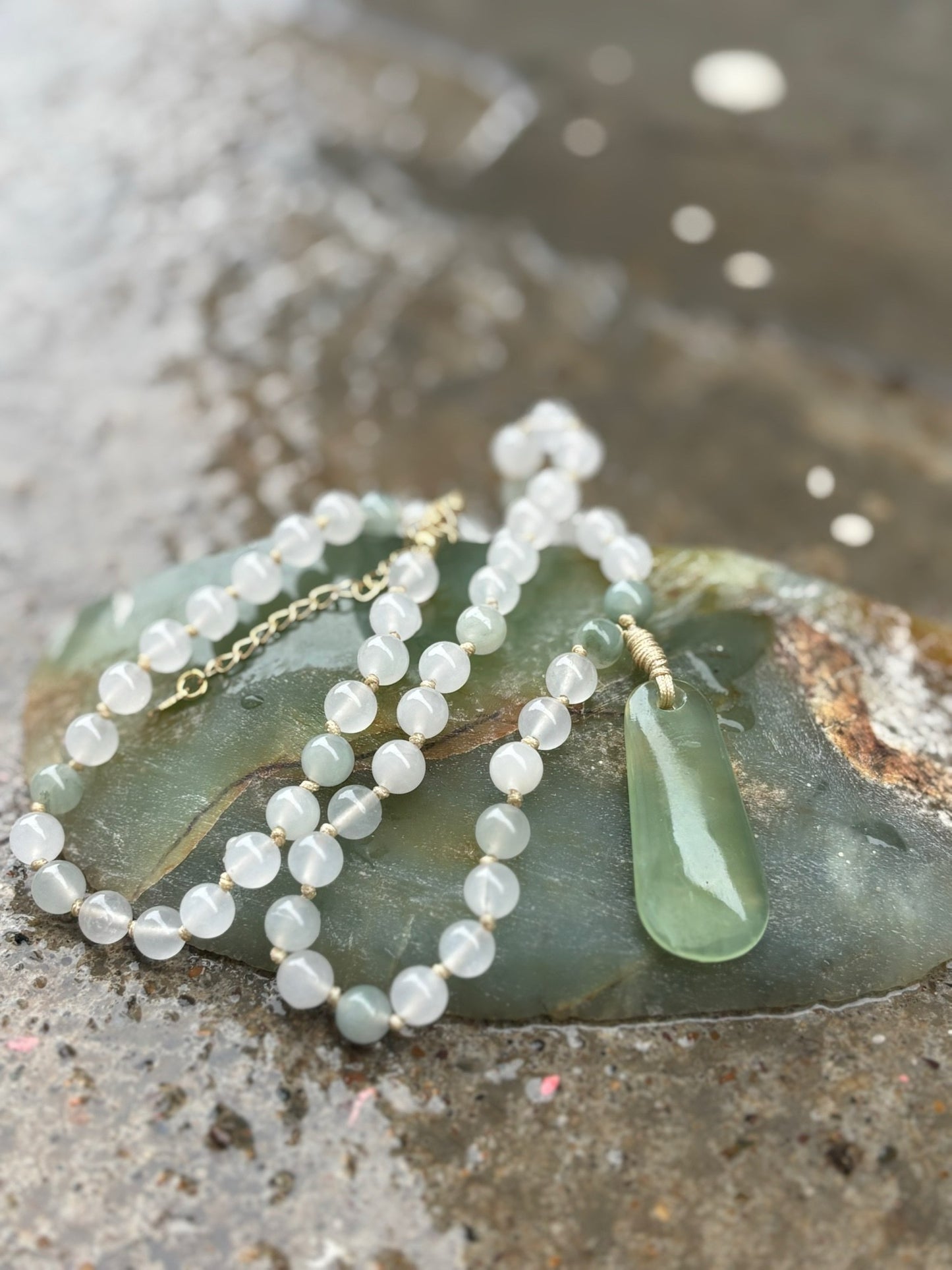 Raindrop Serpentine Pounamu Pendant on Jade Beaded Necklace