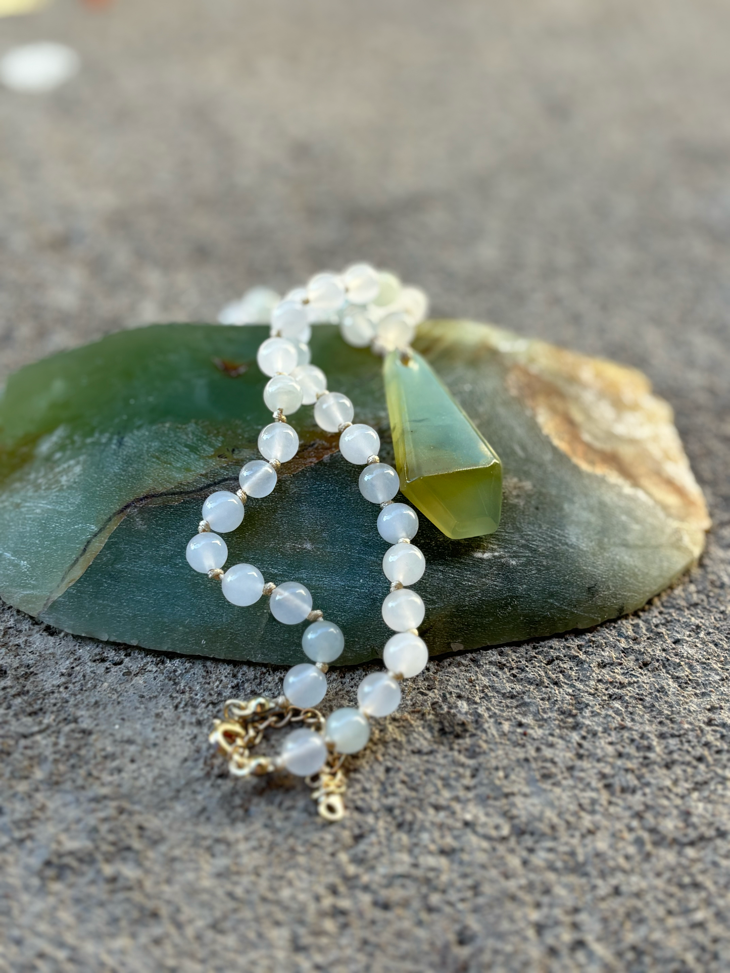 Faceted Serpentine Pounamu Pendant on Jade Beaded Necklace