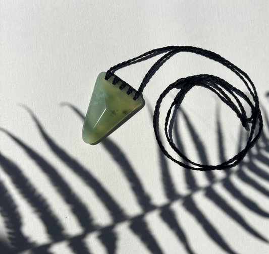 New Zealand Serpentine Pounamu Arrowhead necklace on Black Braided Cord